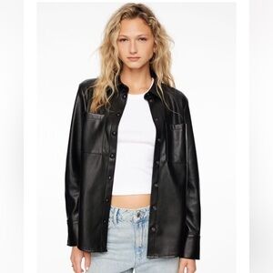 Rue 21 Black PU Leather Shirt White Stitch with Long Sleeves Sz M